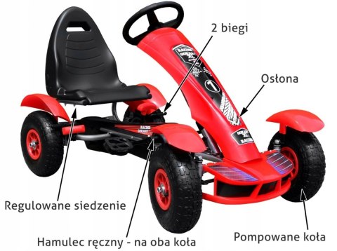 Duży Gokart na Pedały Gumowe Pompowane Koła Regulacja Czerwony