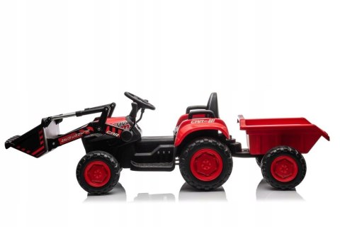 Traktor na Akumulator z Przyczepą i Łyżką 2x45W Aku 12V Ekoskóra Czerwony