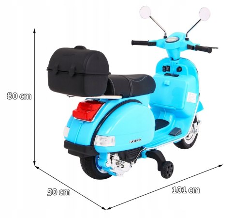 Skuter Vespa Licencja 2x25W Aku 12V Ekoskóra Piankowe Koła Niebieski