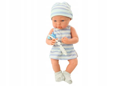 Lalka Bobas w Biało-Niebieskim Ubranku Czapeczka Smoczek Śliniaczek Kołdra