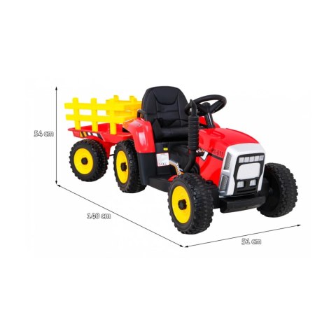 Traktor z Przyczepą na Akumulator 2 Silniki 12V Ekoskóra Koła EVA Czerwony