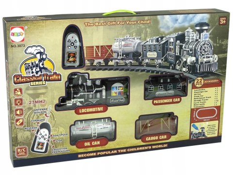 BEMI OGROMNA KOLEJKA POCIĄG Z PILOTEM DYM ŚWIATŁA DŹWIĘK 3 WAGONY 206x153cm