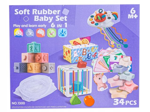 BEMI ZABAWKI SENSORYCZNE 6w1 MIĘKKIE KLOCKI GRYZAK KOSTKA SORTER WIEŻA