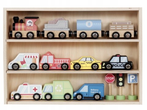 Zestaw Drewnianych Autek Straż Policja Taxi Znaki Drogowe Półka w Zestawie