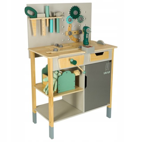 DUŻY DREWNIANY WARSZTAT MAJSTERKOWICZA Z NARZĘDZIAMI PIŁA WKRĘTARKA MŁOTEK