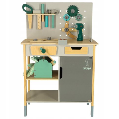 DUŻY DREWNIANY WARSZTAT MAJSTERKOWICZA Z NARZĘDZIAMI PIŁA WKRĘTARKA MŁOTEK