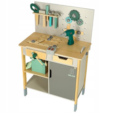 DUŻY DREWNIANY WARSZTAT MAJSTERKOWICZA Z NARZĘDZIAMI PIŁA WKRĘTARKA MŁOTEK