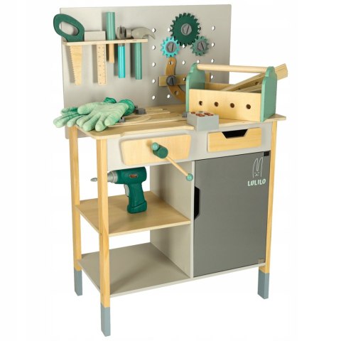 DUŻY DREWNIANY WARSZTAT MAJSTERKOWICZA Z NARZĘDZIAMI PIŁA WKRĘTARKA MŁOTEK