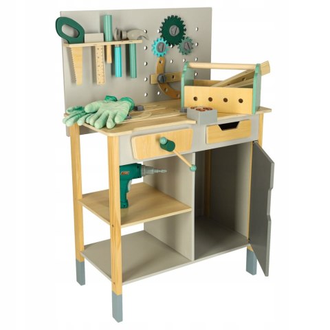 DUŻY DREWNIANY WARSZTAT MAJSTERKOWICZA Z NARZĘDZIAMI PIŁA WKRĘTARKA MŁOTEK