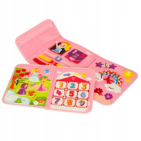 EDUKACYJNA TABLICA SENSORYCZNA PLECAK MONTESSORI WALIZKA DLA DZIECI RÓŻOWA