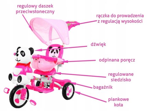 Panda Trójkołowy Rowerek dla Dzieci Dźwięki Daszek Barierka Różowy