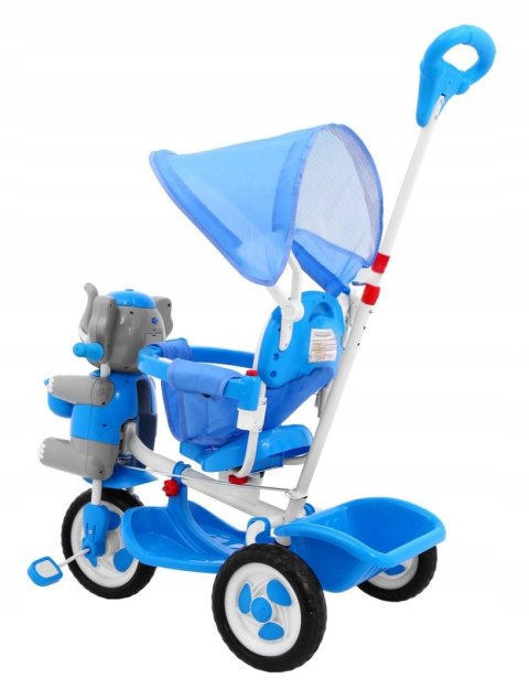 Słonik Trójkołowy Rowerek dla dzieci Dźwięki Daszek Barierka Niebieski