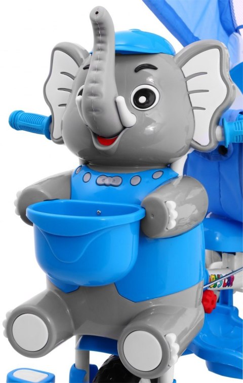 Słonik Trójkołowy Rowerek dla dzieci Dźwięki Daszek Barierka Niebieski