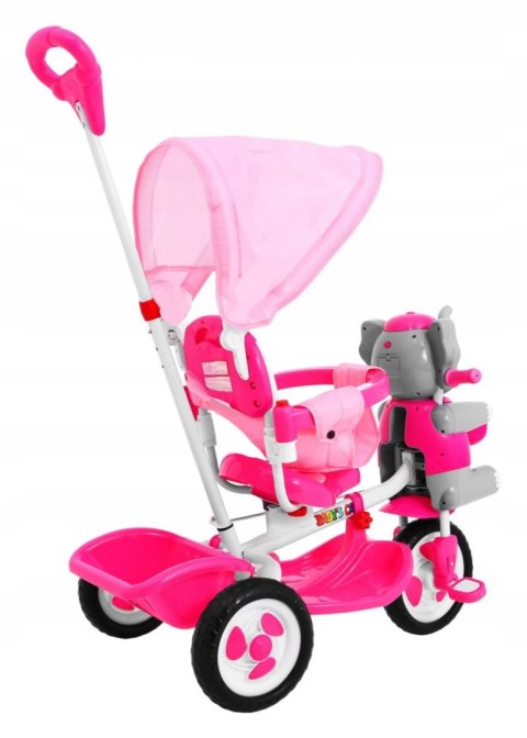 Słonik Trójkołowy Rowerek dla dzieci Dźwięki Daszek Barierka Różowy