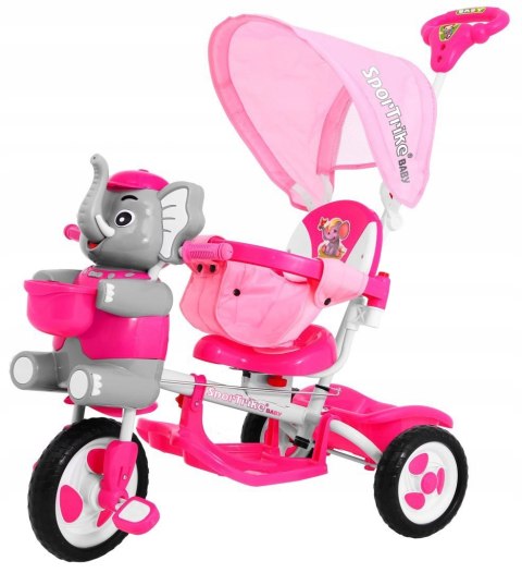 Słonik Trójkołowy Rowerek dla dzieci Dźwięki Daszek Barierka Różowy