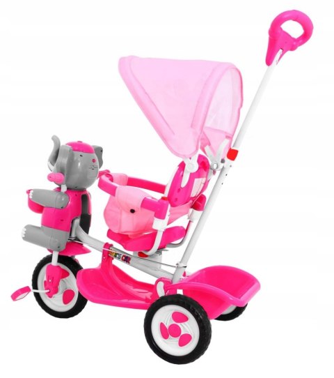 Słonik Trójkołowy Rowerek dla dzieci Dźwięki Daszek Barierka Różowy