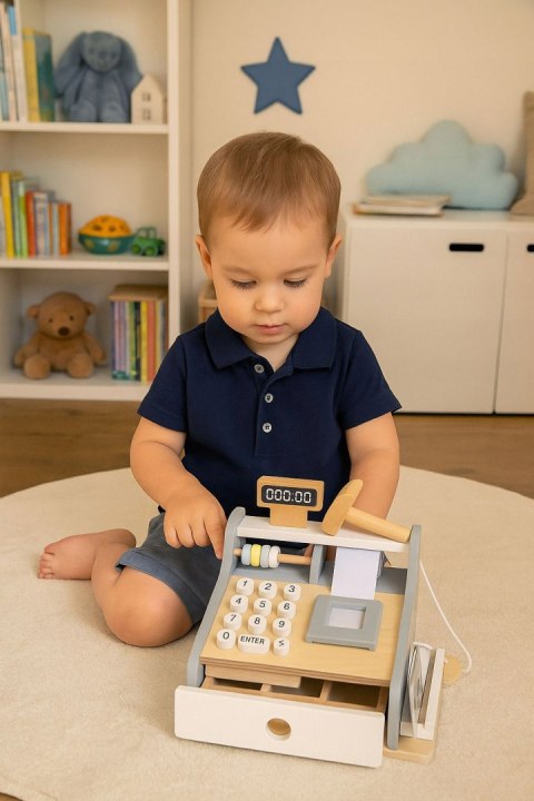 DREWNIANA KASA SKLEPOWA FISKALNA DLA DZIECI SKANER MONETY KARTA BANKNOTY