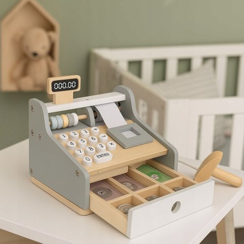 DREWNIANA KASA SKLEPOWA FISKALNA DLA DZIECI SKANER MONETY KARTA BANKNOTY