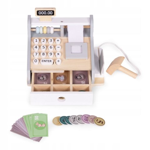 DREWNIANA KASA SKLEPOWA FISKALNA DLA DZIECI SKANER MONETY KARTA BANKNOTY
