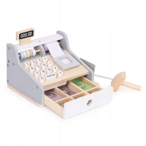 DREWNIANA KASA SKLEPOWA FISKALNA DLA DZIECI SKANER MONETY KARTA BANKNOTY