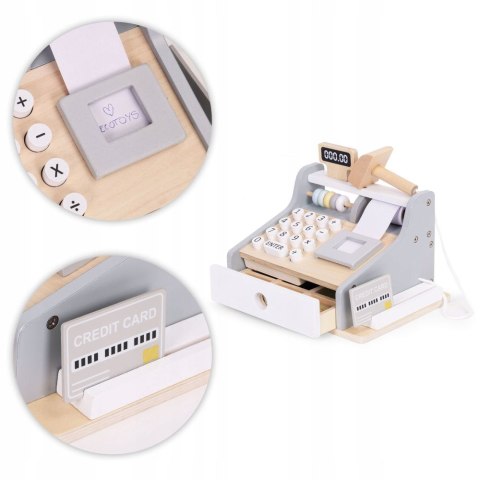 DREWNIANA KASA SKLEPOWA FISKALNA DLA DZIECI SKANER MONETY KARTA BANKNOTY