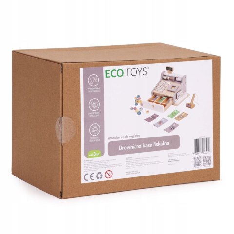 DREWNIANA KASA SKLEPOWA FISKALNA DLA DZIECI SKANER MONETY KARTA BANKNOTY