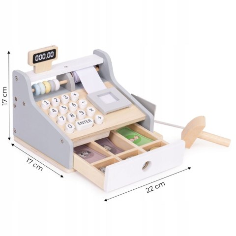 DREWNIANA KASA SKLEPOWA FISKALNA DLA DZIECI SKANER MONETY KARTA BANKNOTY