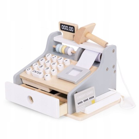 DREWNIANA KASA SKLEPOWA FISKALNA DLA DZIECI SKANER MONETY KARTA BANKNOTY