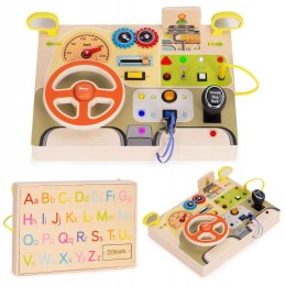 DREWNIANA TABLICA SENSORYCZNA DLA DZIECI AUTO KIEROWNICA LED DŹWIĘKI 14el.