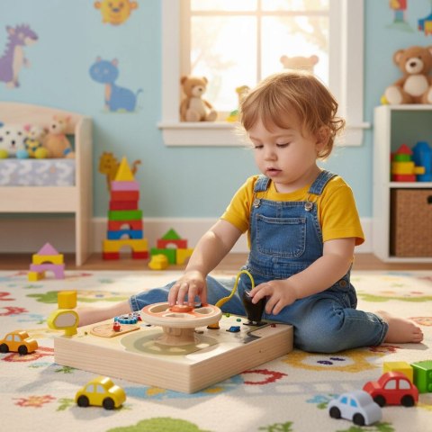 DREWNIANA TABLICA SENSORYCZNA DLA DZIECI AUTO KIEROWNICA LED DŹWIĘKI 14el.