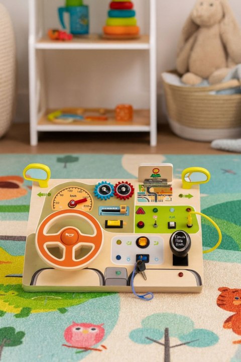 DREWNIANA TABLICA SENSORYCZNA DLA DZIECI AUTO KIEROWNICA LED DŹWIĘKI 14el.