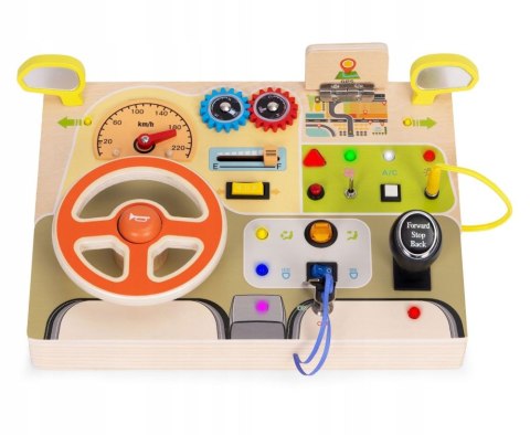 DREWNIANA TABLICA SENSORYCZNA DLA DZIECI AUTO KIEROWNICA LED DŹWIĘKI 14el.