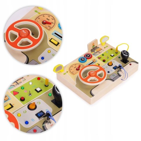 DREWNIANA TABLICA SENSORYCZNA DLA DZIECI AUTO KIEROWNICA LED DŹWIĘKI 14el.