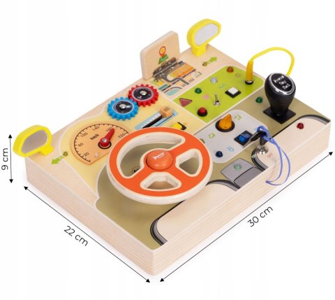 DREWNIANA TABLICA SENSORYCZNA DLA DZIECI AUTO KIEROWNICA LED DŹWIĘKI 14el.