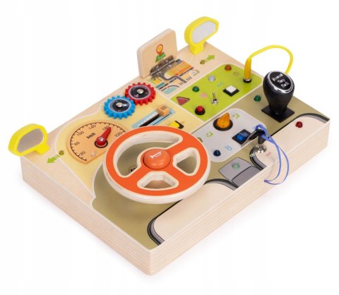 DREWNIANA TABLICA SENSORYCZNA DLA DZIECI AUTO KIEROWNICA LED DŹWIĘKI 14el.