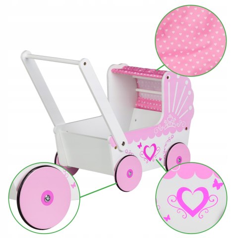 DREWNIANY WÓZEK DLA LALEK Z DASZKIEM RÓŻOWY JAKOŚĆ