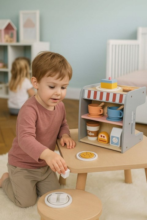 EKSPRES DO KAWY DLA DZIECI DREWNIANY 2w1 SKLEPIK ZESTAW BARISTY 26 EL.