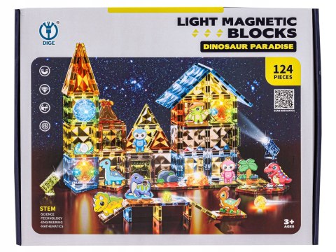 KONSTRUKCYJNE KLOCKI MAGNETYCZNE ŚWIECĄCE ELEMENTY PARK DINOZAURÓW 124 EL. KONSTRUKCYJNE KLOCKI MAGNETYCZNE ŚWIECĄCE ELEMENTY PARK DINOZAURÓW 124 EL.