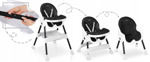 Krzesełko do Karmienia dla Dzieci Regulowane Fotelik 3w1 Tacka Czarne