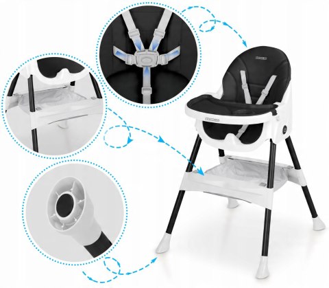 Krzesełko do Karmienia dla Dzieci Regulowane Fotelik 3w1 Tacka Czarne