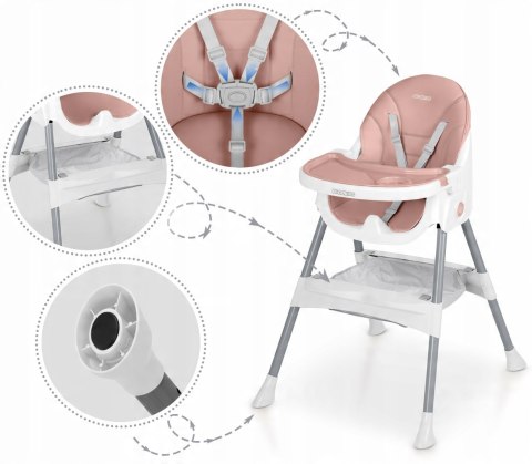 Krzesełko do Karmienia dla Dzieci Regulowane Fotelik 3w1 Tacka Różowe