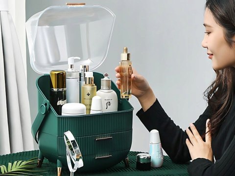 ORGANIZER NA KOSMETYKI Z SZUFLADAMI KUFEREK POJEMNY DUŻY UCHWYT ELEGANCKI ORGANIZER NA KOSMETYKI Z SZUFLADAMI KUFEREK POJEMNY DUŻY UCHWYT ELEGANCKI