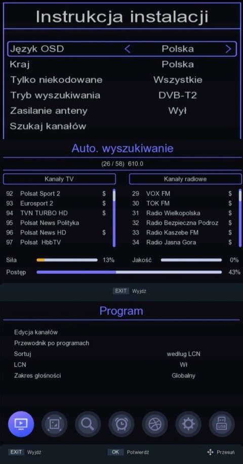 DEKODER TUNER TV DVB-T2 HEVC H.265 FULL HD MINI STICK PILOT BATERIE ZESTAW