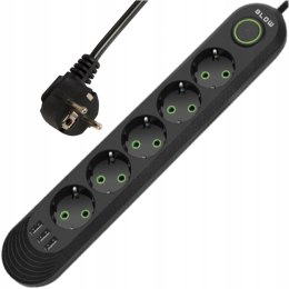 PRZEDŁUŻACZ LISTWA ZASILAJĄCA WŁĄCZNIK 3x USB 5 GNIAZD 5m UZIEMIENIE CZARNY