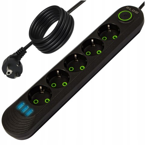 PRZEDŁUŻACZ LISTWA ZASILAJĄCA WŁĄCZNIK 3x USB 5 GNIAZD 5m UZIEMIENIE CZARNY
